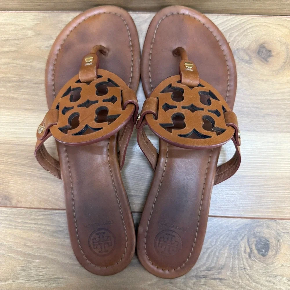 Tory Burch Miller Sandals 9.5 Royal Tan Leather Vacation Resort Flip Flops